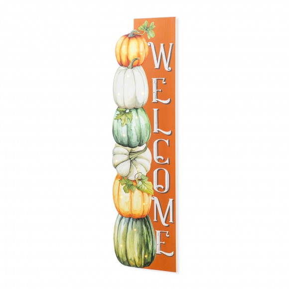 Glitzhome 42"H Lighted Fall Wood Stacked Pumpkins Welcome Porch Sign w/Timer