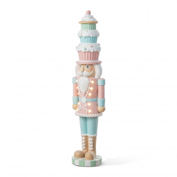 Glitzhome 28"H Lighted Macaron Pink and Blue Resin Christmas Cupcake Nutcracker Porch Decor w/Timer