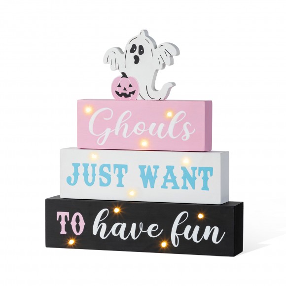 Glitzhome 11.75"H Halloween Lighted Pink Wooden Ghost Block Word Sign