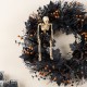 Glitzhome 24"D Halloween  Black Rose, Skeleton and Berry Wreath Includes a Complimentary Black Metal Wreath Hanger