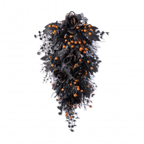 Glitzhome 28"H Halloween Black Rose and Berry Swag Includes a Complimentary Black Metal Wreath Hanger