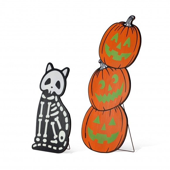 Glitzhome S/2 24"H & 36"H Halloween Wood Skeleton Cat and Stacked Pumpkin Porch Decor