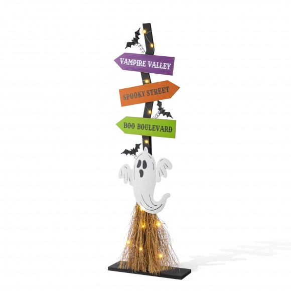 Glitzhome 41.75"H Lighted Wooden Ghost's Broom Porch Decor w/Timer(KD)