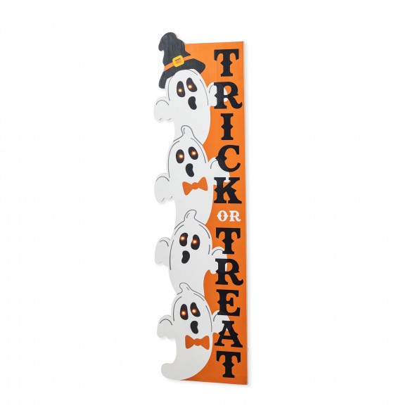 Glitzhome 42"H Lighted Halloween Wood Stacked Ghost with "Trick or Treat" Porch Sign w/Timer
