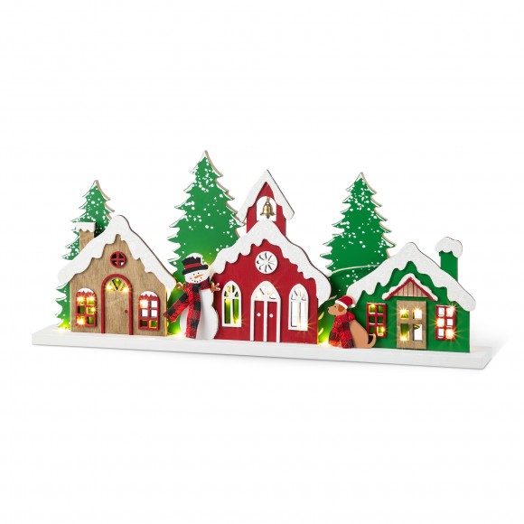 Glitzhome 20"L Lighted Wooden Christmas Villages Table Decor