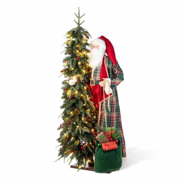 Glitzhome 4ft Oversized Christmas Woodland Santa with 5ft Lighted Green Artificial Christmas Tree