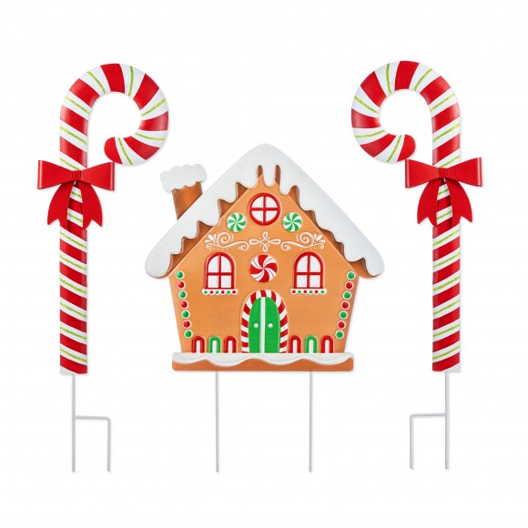 Glitzhome S/3 33"H Metal Christmas Gingerbread House and Candy Cane Yard Stake (KD)