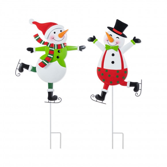 Glitzhome S/2 36"H Metal Christmas Skiing Snowmen Yard Stake(KD)