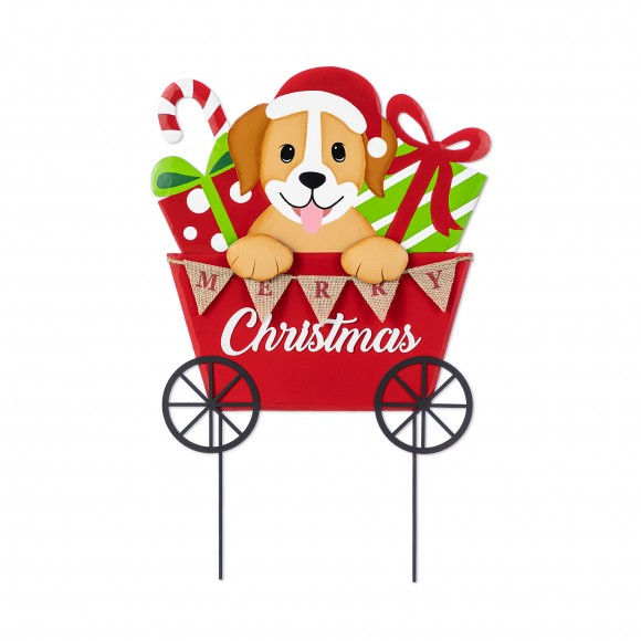 Glitzhome 24"H Metal Christmas Dog and Gift Cart Yard Stake(KD)