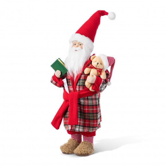 Glitzhome 18"H Faux Fur Christmas Bathrobe Santa Figurine with Porcelain Face