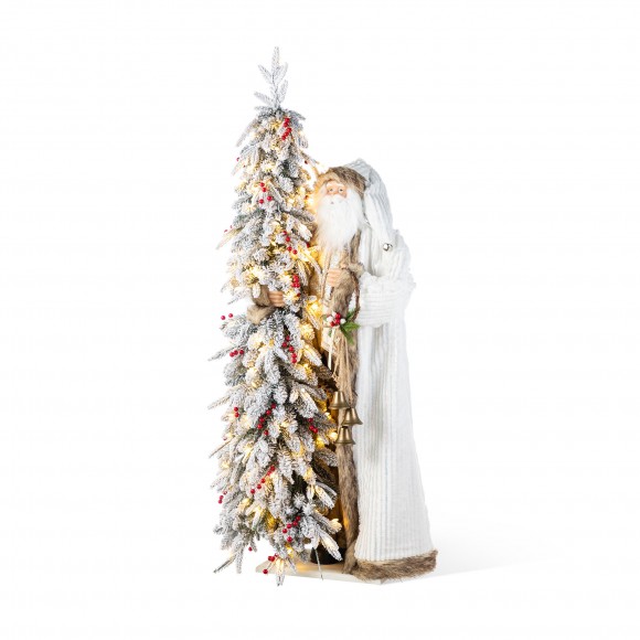 Glitzhome 4ft Oversized Christmas Woodland Santa with 5ft Lighted Flocked Artificial Christmas Tree
