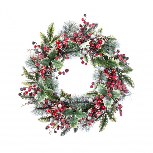 Glitzhome 24"D Christmas Red Pomegranate Berry & Holy Leaf Wreath