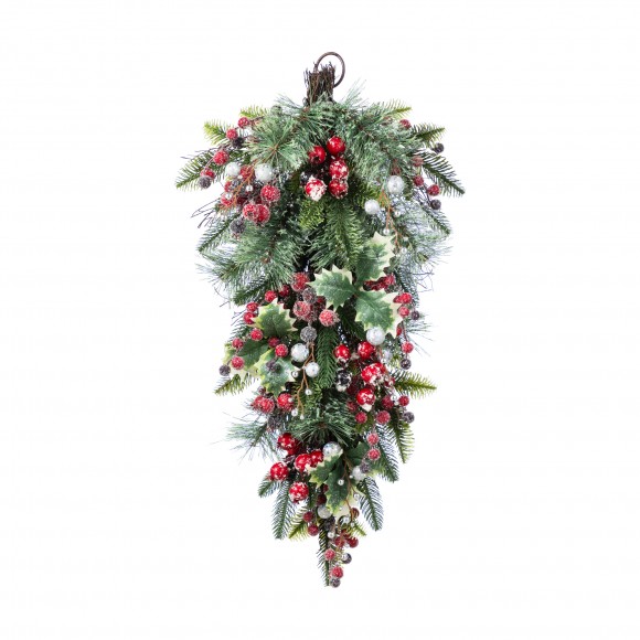 Glitzhome 28"H Christmas Red Pomegranate Berry & Holy Leaf Teardrop