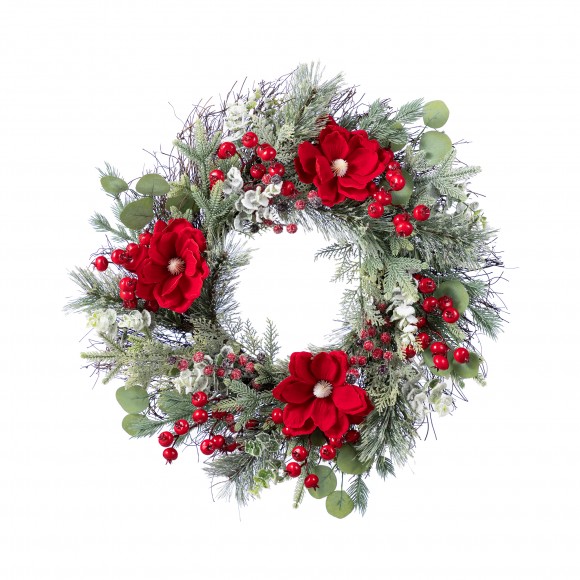 Glitzhome 24"D Christmas Red  Mangnolia & Berry Wreath