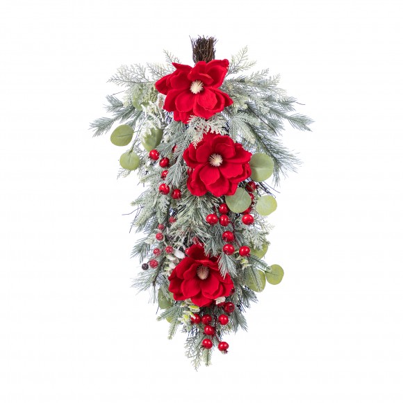 Glitzhome 28"H Christmas Red  Mangnolia & Berry Teardrop
