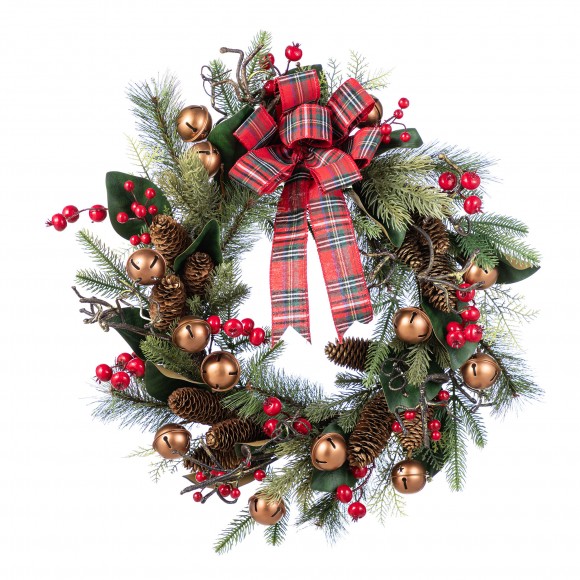 Glitzhome 24"D Christmas Bell, Pinecone & Berry Bow Wreath