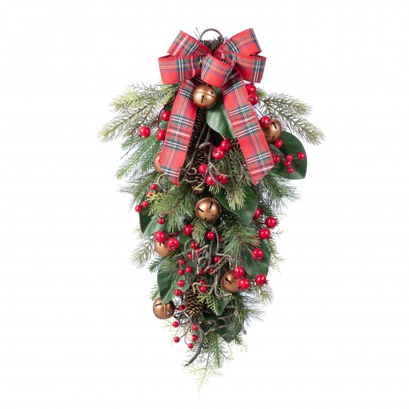 Glitzhome 28"H Christmas Bell, Pinecone & Berry Bow Teardrop