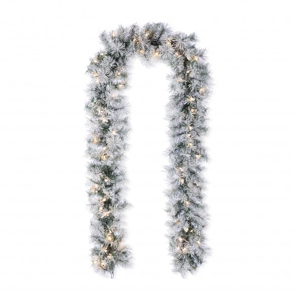Glitzhome 9ft Pre-Lit Snow Flocked Greenery Pine Christmas Garland, with 70 Warm White/Multi-color C3 Clear LED Lights and Timer,8 Function