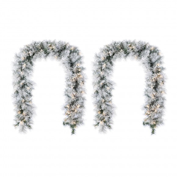 Glitzhome Set of 2 6ft Pre-Lit Snow Flocked Greenery Pine Christmas Garland, with 50 Warm White/Multi-color C3 Clear LED Lights and Timer,8 Function