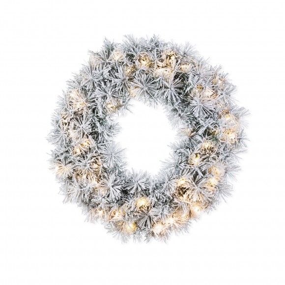 Glitzhome 24"D Pre-Lit Snow Flocked Greenery Pine Christmas Wreath,with 50 White/Multi-color C3 Clear LED Lights and Timer,8 Function