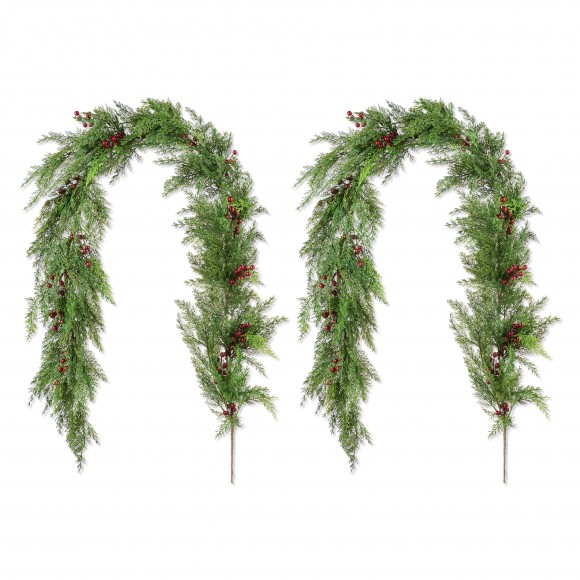Glitzhome Set of 2 6ft Christmas Greenery PE Dripping Cedar Garland with Red Berries