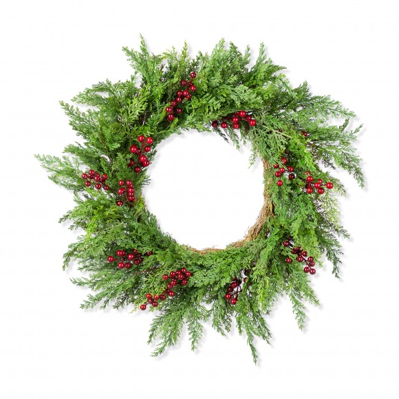 Glitzhome 24"D Christmas Greenery PE Dripping Cedar  Wreath with Red Berries