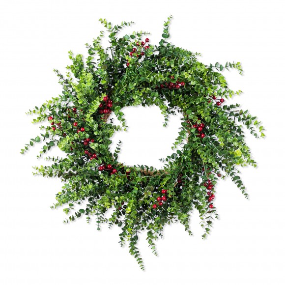 Glitzhome 28"D Christmas Greenery PE Dripping  Eucalyptus Wreath with Red Berries