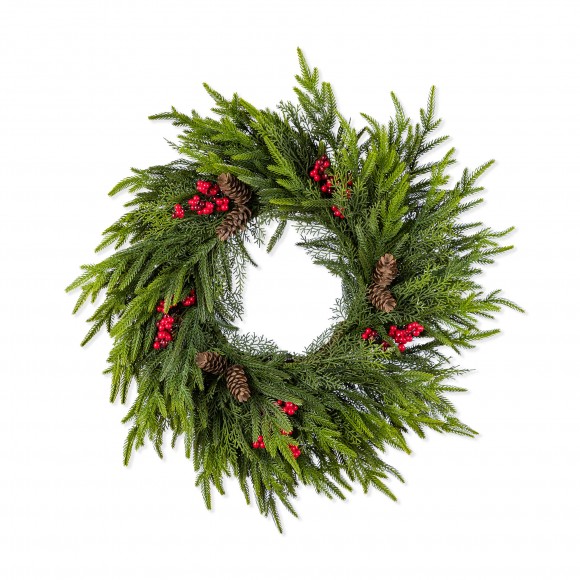 Glitzhome 24"D Christmas PE Dripping Wreath with Pinecones and Red Berries