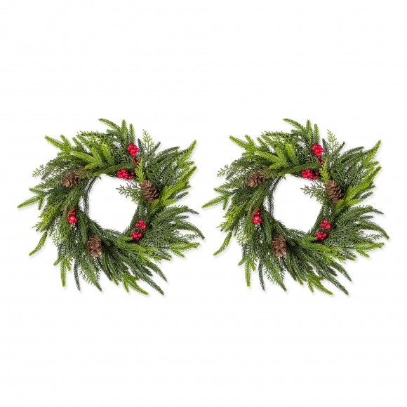 Glitzhome Set of 2 14"D Christmas Mini PE Dripping Wreath with Pinecones and Red Berries