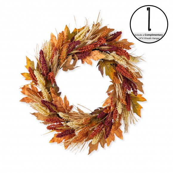 Glitzhome 24"D Fall Multi-Colored Sorghum Wreath Includes a Complimentary Black Metal Wreath Hanger