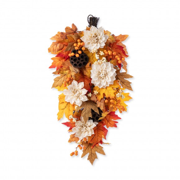 Glitzhome 28"H Fall Lotus, Lotus Pod and Berry Swag Includes a Complimentary Black Metal Wreath Hanger