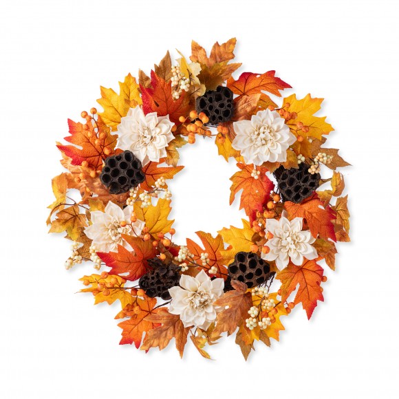 Glitzhome 24"D Fall Lotus, Lotus Pod and Berry Wreath Includes a Complimentary Black Metal Wreath Hanger