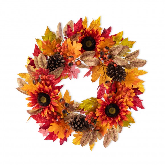 Glitzhome 24"D Fall Sunflower, Pinecone and Berry Wreath Includes a Complimentary Black Metal Wreath Hanger