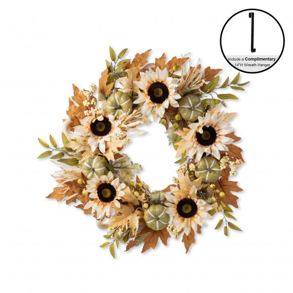 Glitzhome 24"D Fall Neutral  Sunflower, Pumpkin and Leaf Wreath Includes a Complimentary Black Metal Wreath Hanger