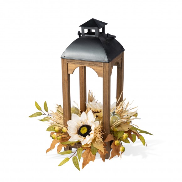 Glitzhome 20"H Fall Neutral Sunflower, Pumpkin and Leaf Wood Lantern Centerpiece