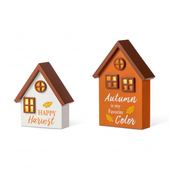 Glitzhome 8"H S/2 Lighted Fall Wooden House-shaped Table Decor