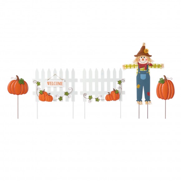 Glitzhome 30.75"H S/5 Fall Metal Scarecrow,Pumpkin & Fence Yard Stake(KD)