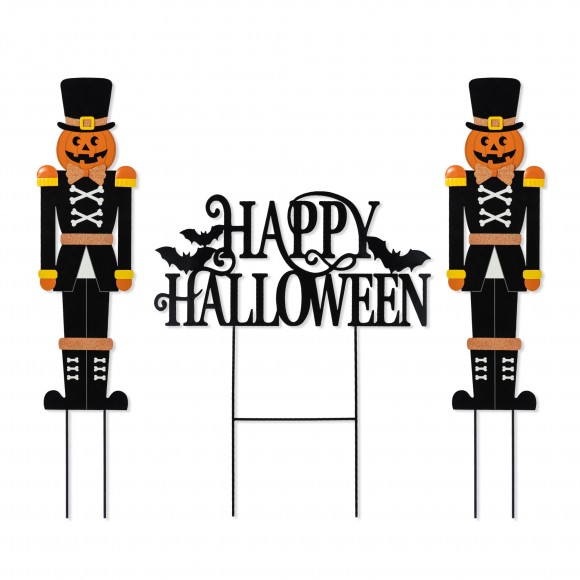 Glitzhome 32"H S/3 Halloween Metal Nutcracker and HAPPY HALLOWEEN Yard Stake (KD)
