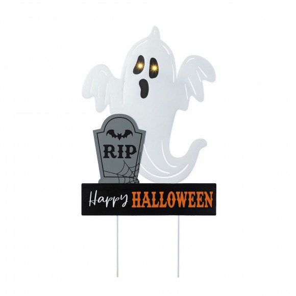 Glitzhome 32.25"H Lighted Halloween Metal Ghost Tombstone Yard Stake