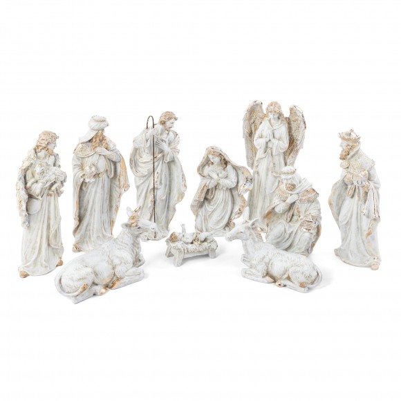 Glitzhome 10pcs Ivory/Gold Resin Nativity Figurine Set