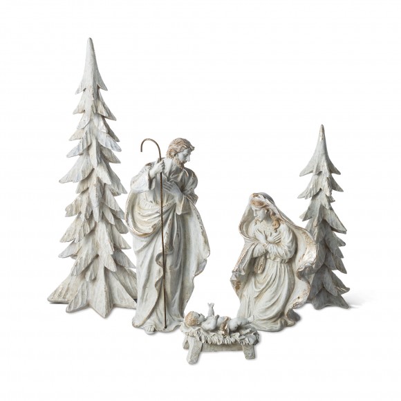 Glitzhome S/5 White/Gold Resin Holy Family with  Christmas Trees