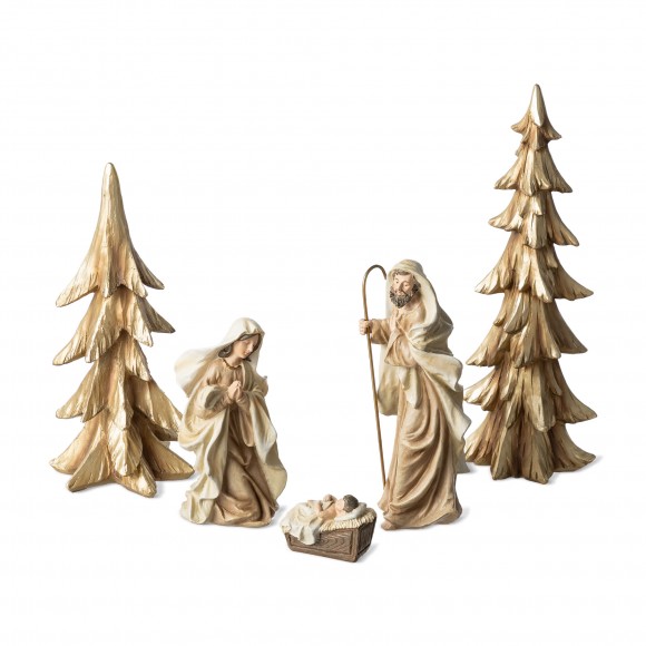 Glitzhome S/5 Gold Resin Holy Family with Christmas Trees