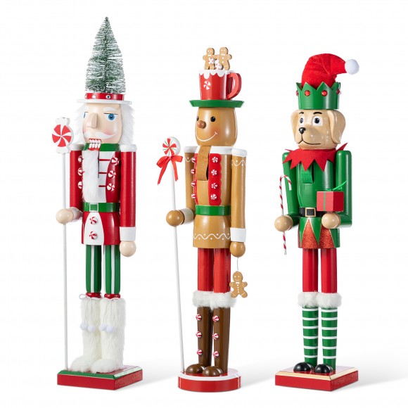 Glitzhome Set of 3 Wooden Christmas Novelty Pink Cake & Gingerbread Man & Elf Dog Nutcracker
