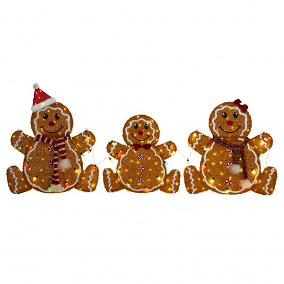 Glitzhome S/3 Lighted Christmas 2D Fabric Gingerbread Family Outdoor Decor with Colorful Bulbs and 260 Warm White LED Lights