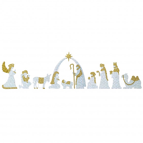 Glitzhome S/11 Lighted Christmas 2D Iridescent Fabric Nativity Scene Outdoor Decor with 590 White Lights