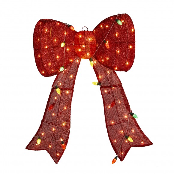Glitzhome 35.75"H Lighted Christmas 3D Fabric Bow with Colorful Bulbs Outdoor Decor with 95 Warm White LED Lights