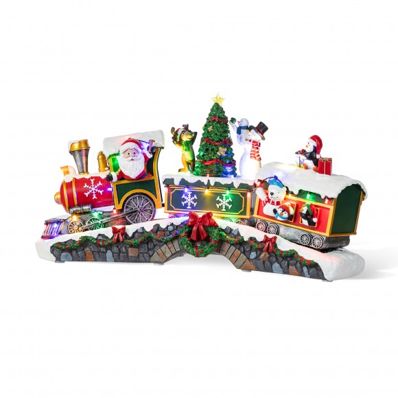 Glitzhome 20"L Lighted Christmas Santa Train Resin Village with Movement and Music