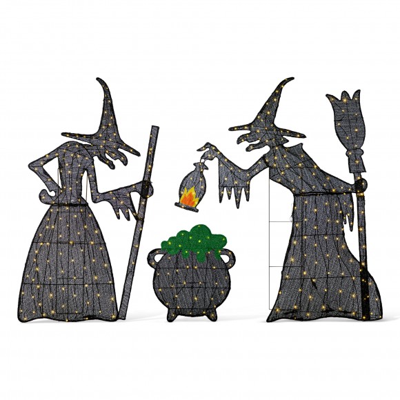 Glitzhome Set of 3  Lighted  Halloween 2.5D Witches with Cauldron Outdoor Décor with 340 Warm White LED Lights （KD）