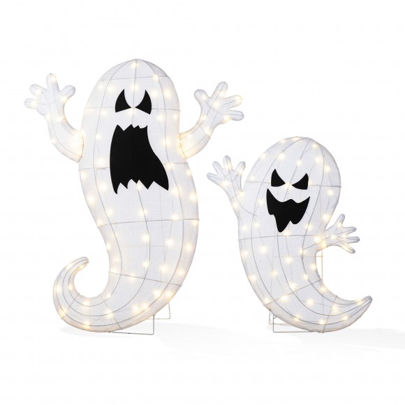 Glitzhome Set of 2 Lighted Halloween 2.5D Ghosts Family Outdoor Décor with 80L+50L Warm White LED Lights （KD）