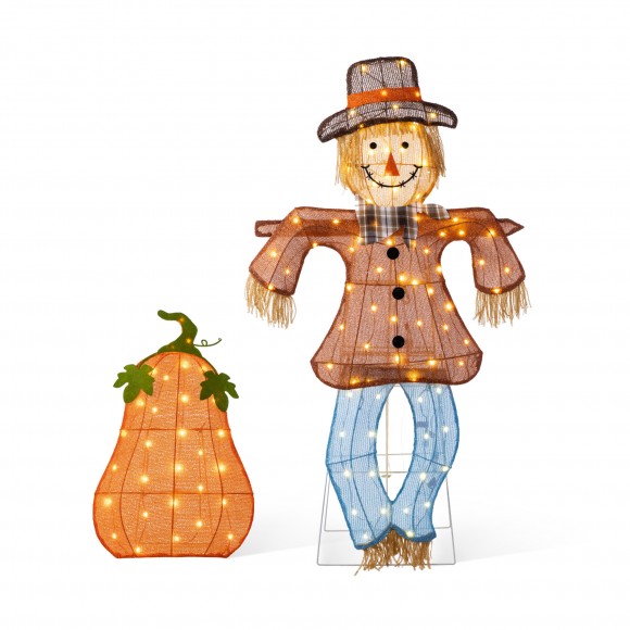 Glitzhome Set of 2 Lighted Fall 2.5D Scarecrow & Pumpkin Outdoor Décor with 80L+30L Warm White LED Lights （KD）